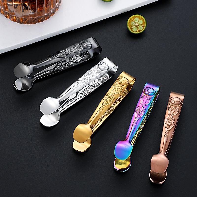 Retro Rose Pattern Ice Cube Clip 304 Stainless Steel Mini Food Tongs (BPA Free, No FDA)