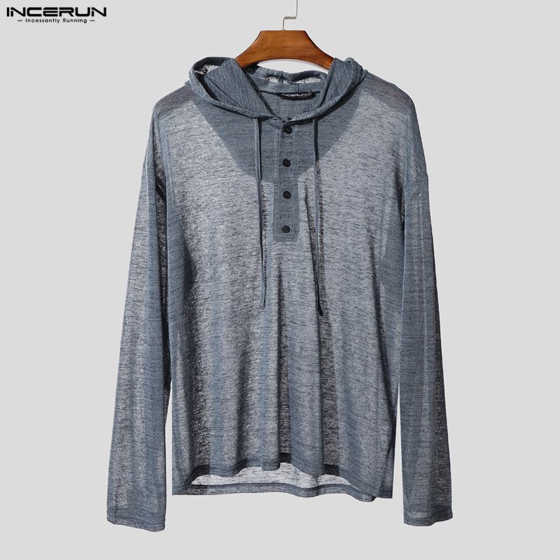 INCERUN Oversized Men Long Sleeve Transparent Loose Drawstring Hooded Tops T-shirts