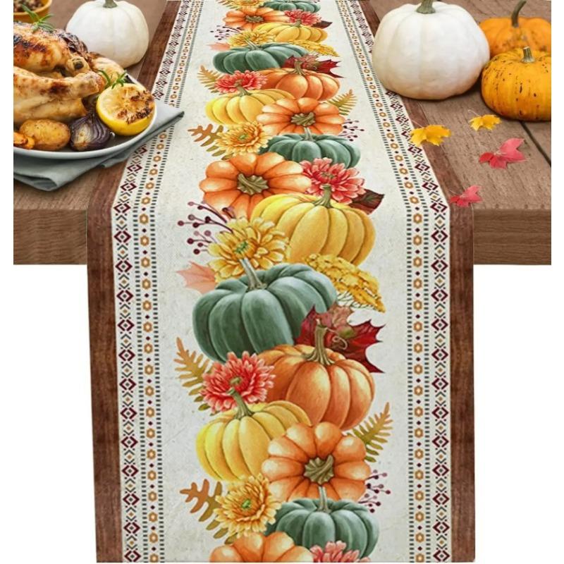 Thanksgiving Pumpkin Printed Table Flag Family Gathering Dinner Pastoral Restaurant Warm Home Decoration Sunflower Maple Leaf Flower Table Runner
