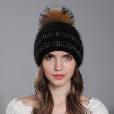Women Winter Sliver Thread Versatile Rabbit Hair Raccoon Fur Ball Knitted Warm Pullover Hat