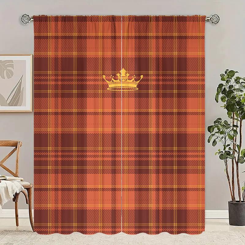 

Orange Plaid Printed Curtains Polyester Bedroom Living Room Decor Curtain Set Of 2 Made Washable Sitting Ready W100*H70(CM)-Hooks&2PCS