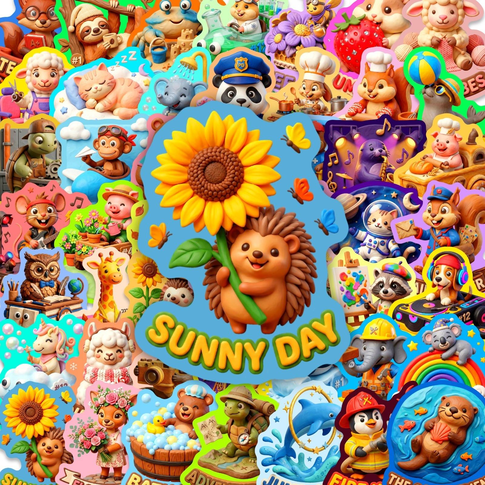 

50 3D Clay Wind Cute Life Scene Animal Stickers Handmade Diy Decorative Cartoon Stickers