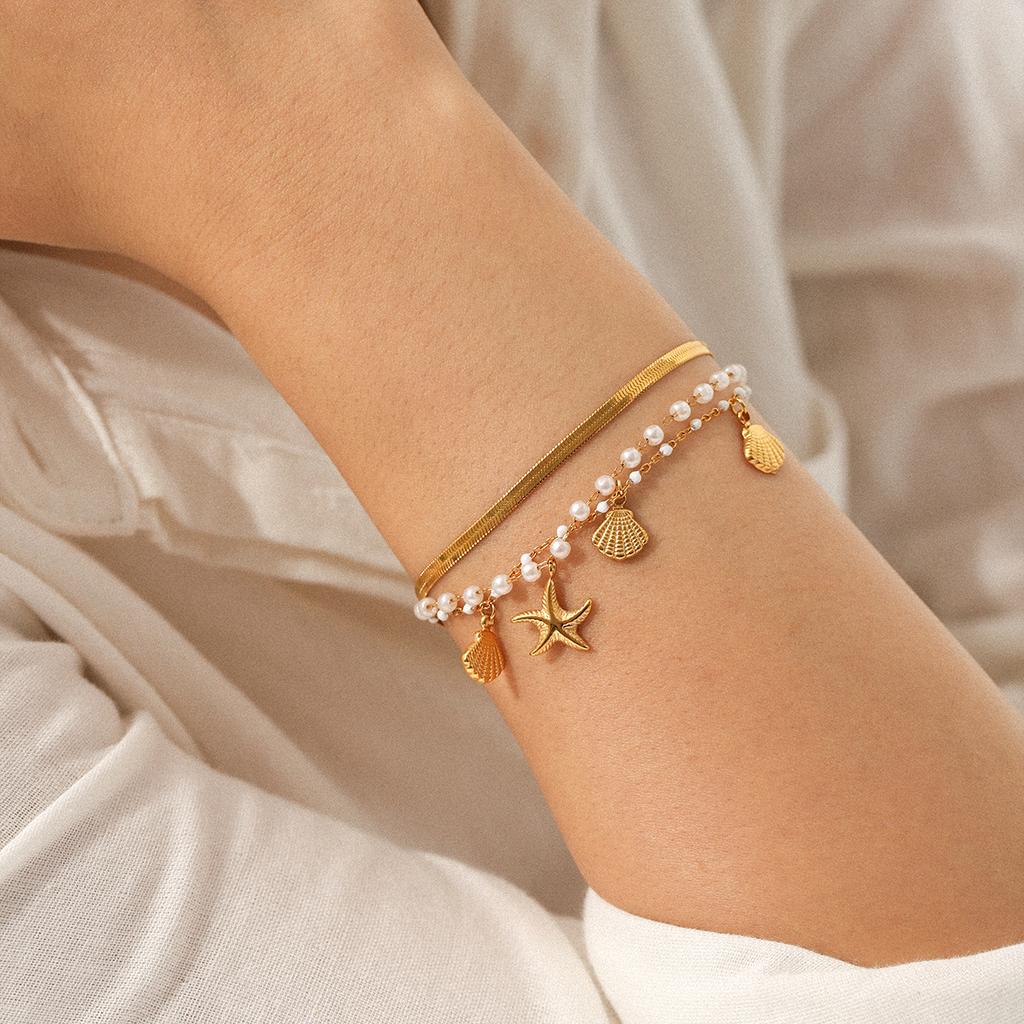 Ozean Elemente Edelstahl Armband Set Schmuck Muschel Seestern Anhänger Perlenkette Schlangen Kette Dreiteiliges Set