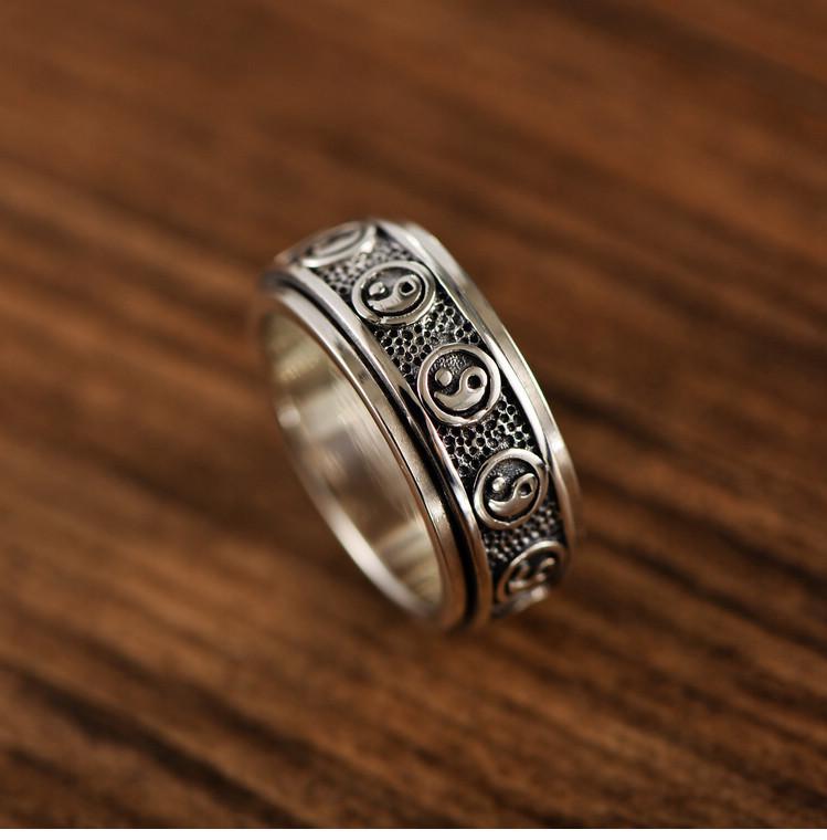 S925 Sterling Silver Ethnic Tai Chi Bagua Men s Ring - Retro Style National Trend Stackable Index Finger Jewelry