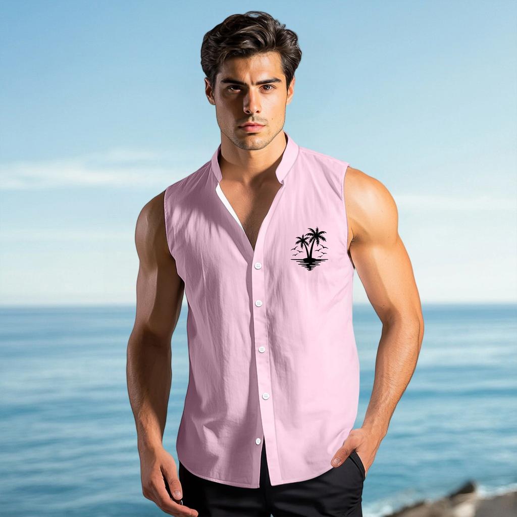 Men's Fashion Printed Sleeveless Lapel Button-Down Shirt Vest Top