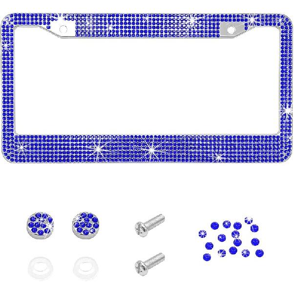 Bling Car License Plate Frame, 2 Holes Stainless Steel Sparkly Auto Tag Cover with Screws Caps, Bedazzled Rhinestone Licence Plate Holder Vehicle