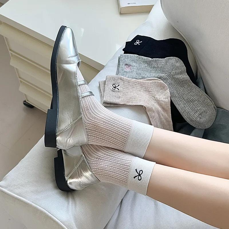 Women Socks Ballet Style Sweet Girls Black White Gray Socks Cute Bow Embroidery Hollow Out Mesh Thin Breathable Loose Long Socks
