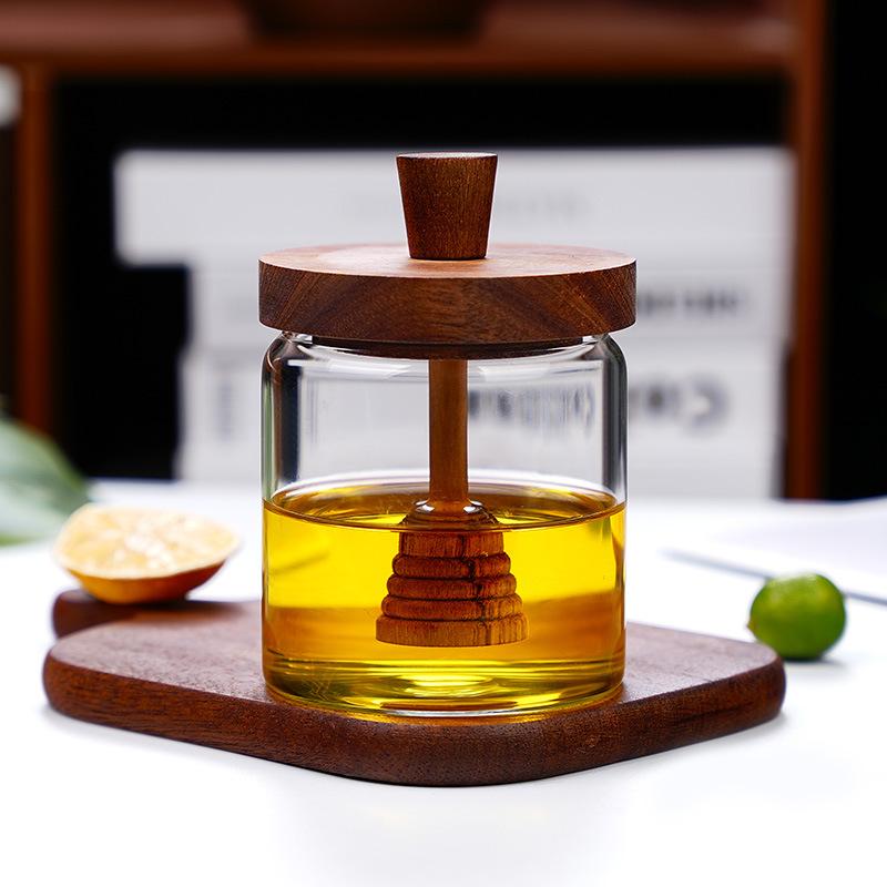 New household thickened honey storage tank with stirring stick Acacia wood cover transparent glass food sealed jar