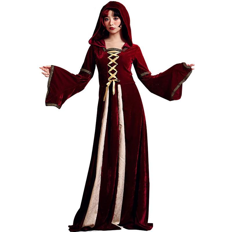 Halloween Costume Vintage European Medieval Gothic Dark Red Court Gown Stage Performance Dress Women