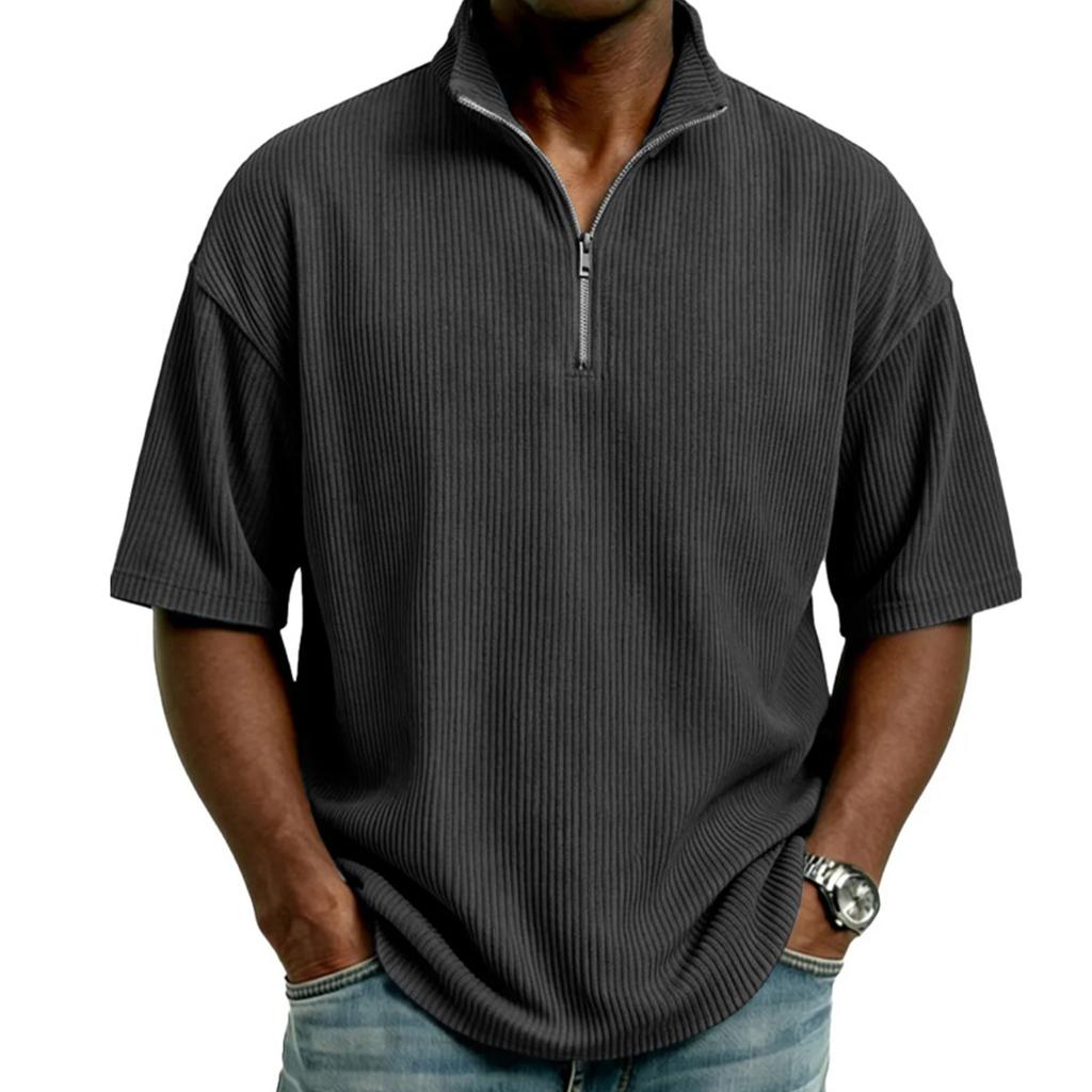 Men's Half,zip T,shirt, Corduroy Short,sleeved Shirt, Summer Loose Casual Color Top