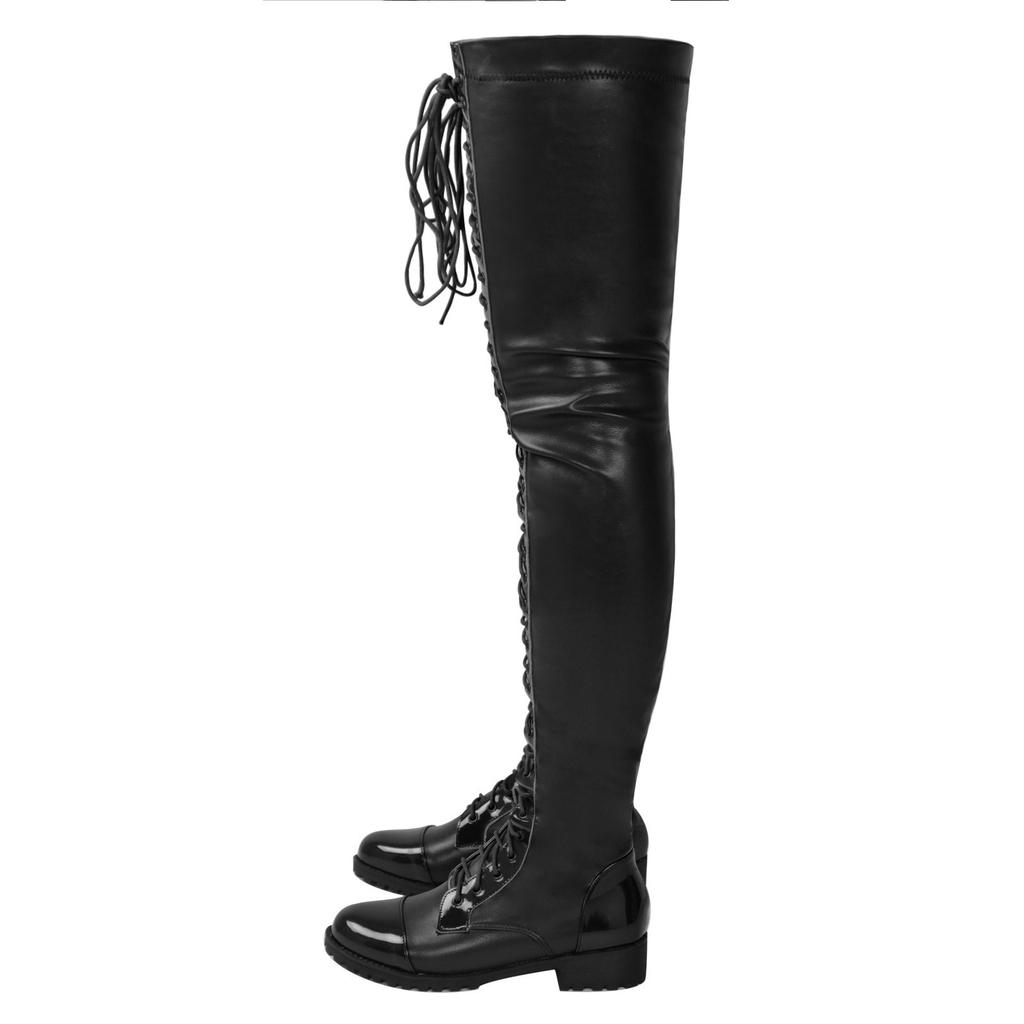 Winter new sexy European and American style lace-up side zipper low heel long tube over the knee leather boots large size women's boots