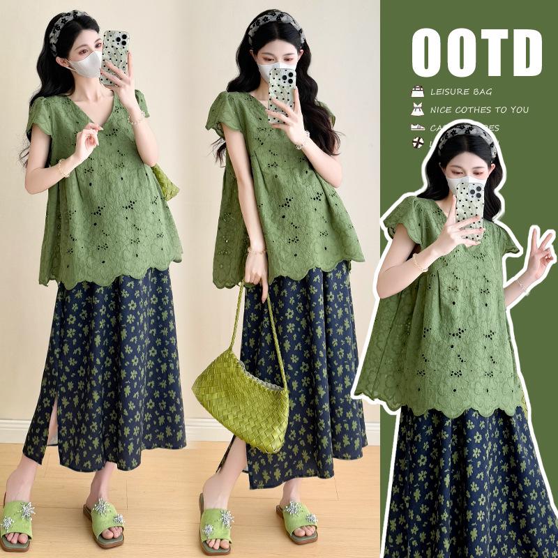 Plus Size Summer Maternity Korean Casual Two-Piece Set – Fashionable & Versatile Large