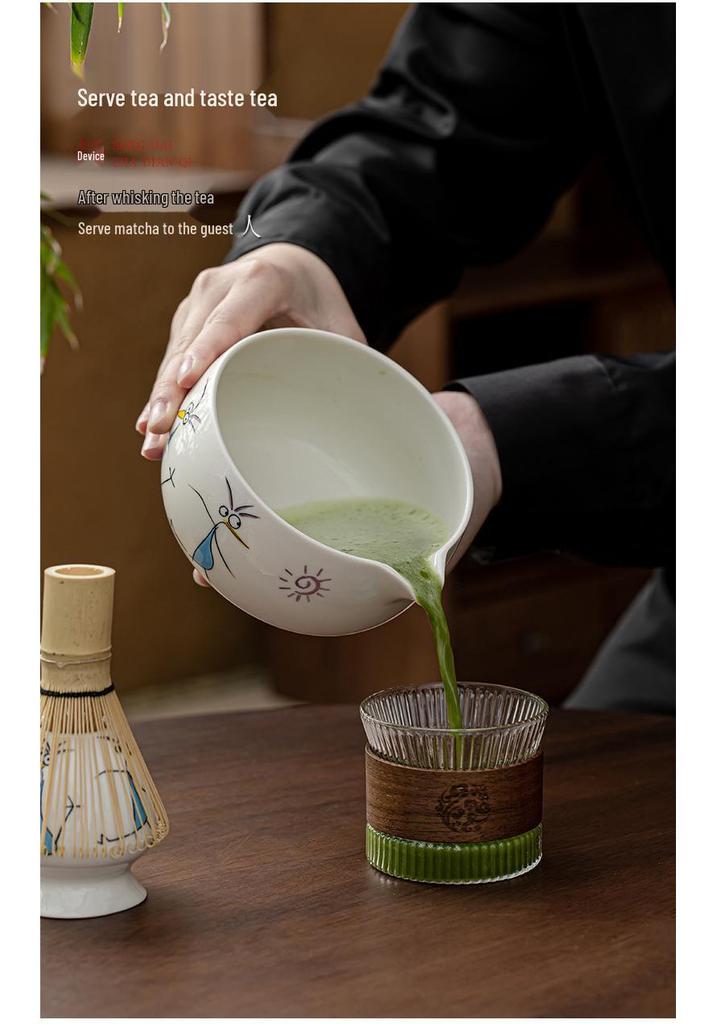 Hand-Painted Matcha Tea Ceremony Set: Whisk, Stirrer, Hyakuhon-date Chasen, and Souvenir Brush