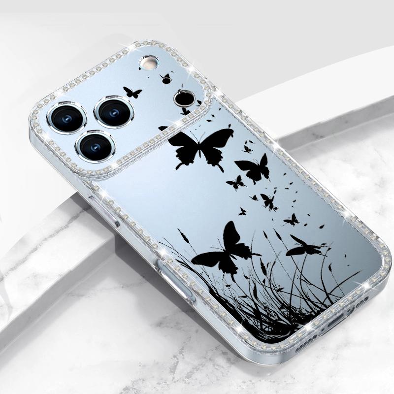 Diamond Case For iPhone 17 Pro Max Crystal Butterfly Print Clear TPU Silicone Soft Cover For iPhone 16 Pro Max 15 14 13 11