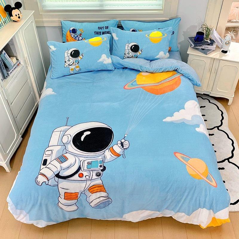 Thickened Milk Fleece Four-Piece Set, Fleece Astronaut Flange Coral Fleece Children'S Bed Sheet Quilt Cover Three-Piece Set Men