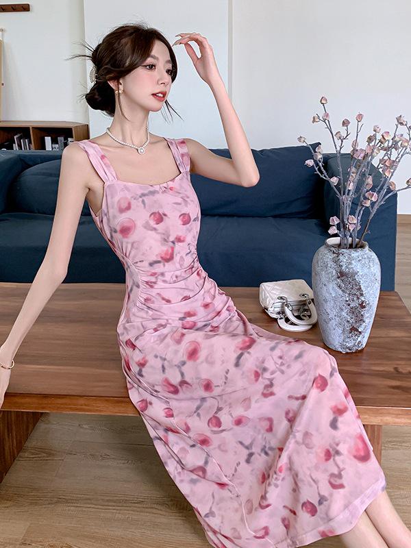 Spring Summer Floral Mesh Spaghetti Strap Maxi Dress for Women