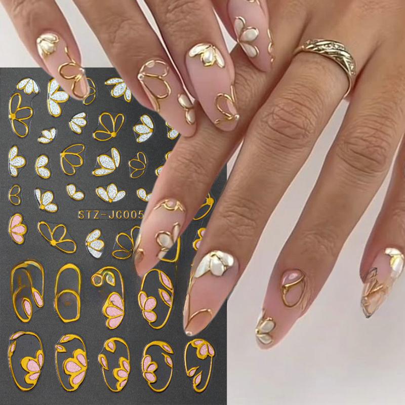 3D Pink Gold Flower Nail Stickers Metallic Gold Line Floral Petals Sakura Sliders Decals Spring Elegant DIY Manicure Decoration