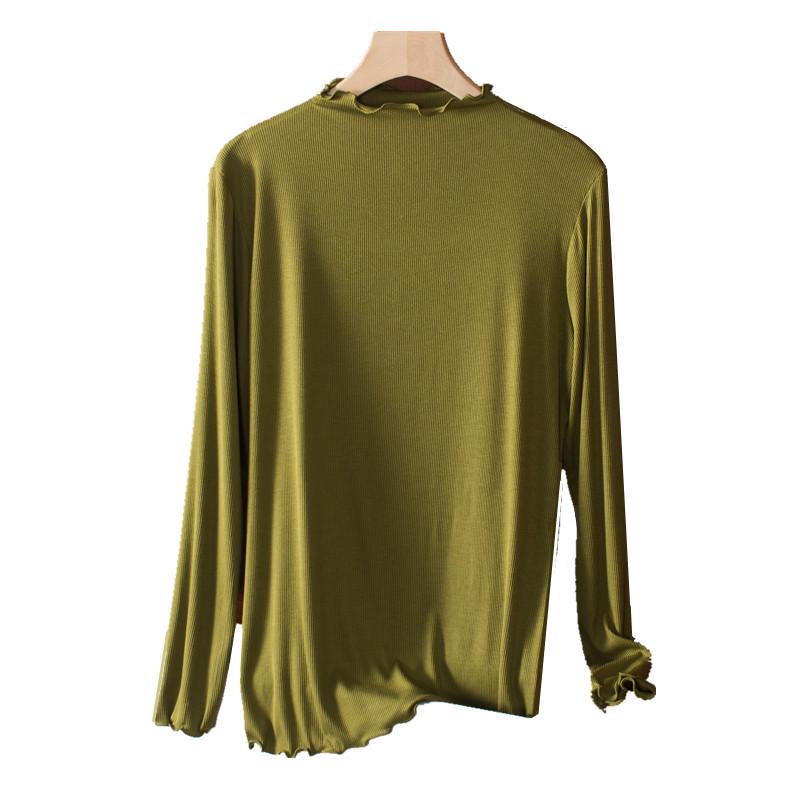 Women's Korean Style Modal Long Sleeve Base Layer T-shirt, Half-High Neck, Plus Size, Thin, Solid Color, Autumn Top