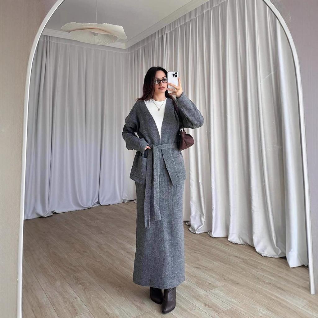2025 cross-border European and American autumn new cardigan temperament V-neck lace-up waist half-body hip skirt women's leisure