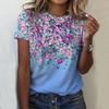 Damen Freizeit T-Shirt mit Blumendruck Hellblau Aquarellblume Rundhalsausschnitt Kurzarm Tops Atmungsaktiv Weich T-Shirts für den täglichen Gebrauch