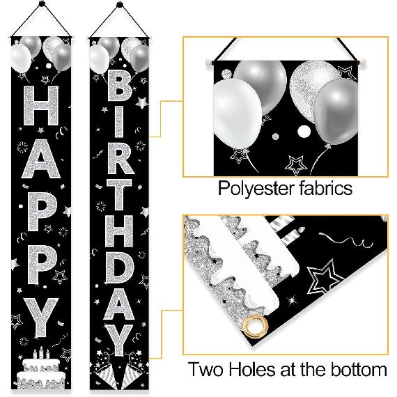 Black Silver Happy Birthday Party Supplies, Porch Sign & Backdrop Decor for Men Women, 16th to 90th Birthdays