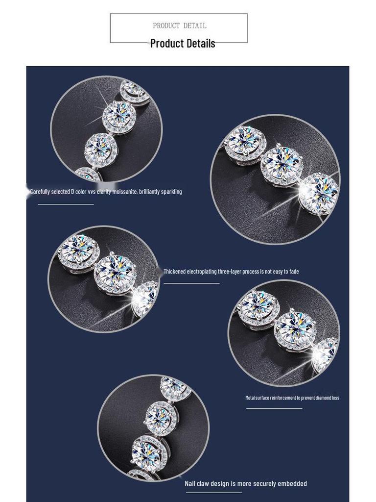 S925 Sterling Silver Moissanite Round Bracelet - Luxury Heavy Industry Style, Super Shiny High-End Women's Jewelry.