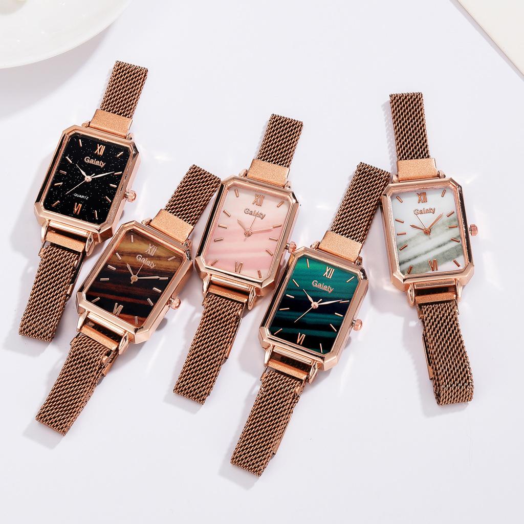 Rectangle Women Watch 2 PCS Set Bracelet Rose Gold Wristwatches Ladies Mesh Magnetic Luxury Simple Steel Female Watches Gift