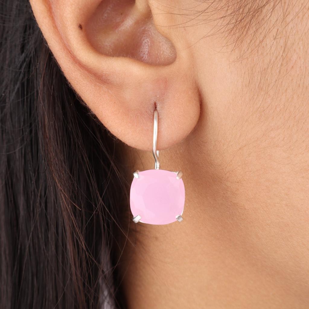 Rare Rose Chalcedony Gemstone 925 Sterling Silver Jewelry Handmade Earrings 1" EE-172-18