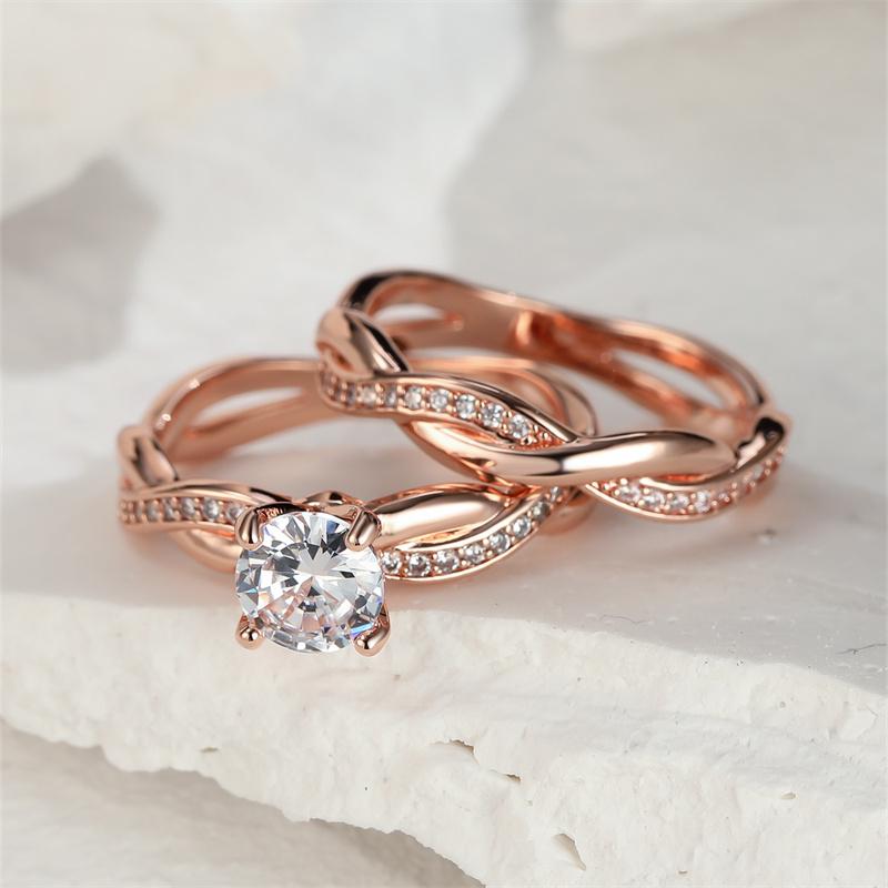 

Female Round Zircon Bridal Sets Silver Gold Color White Crystal Stone Crossed Wedding Bands Promise Engagement Rings For Women 13