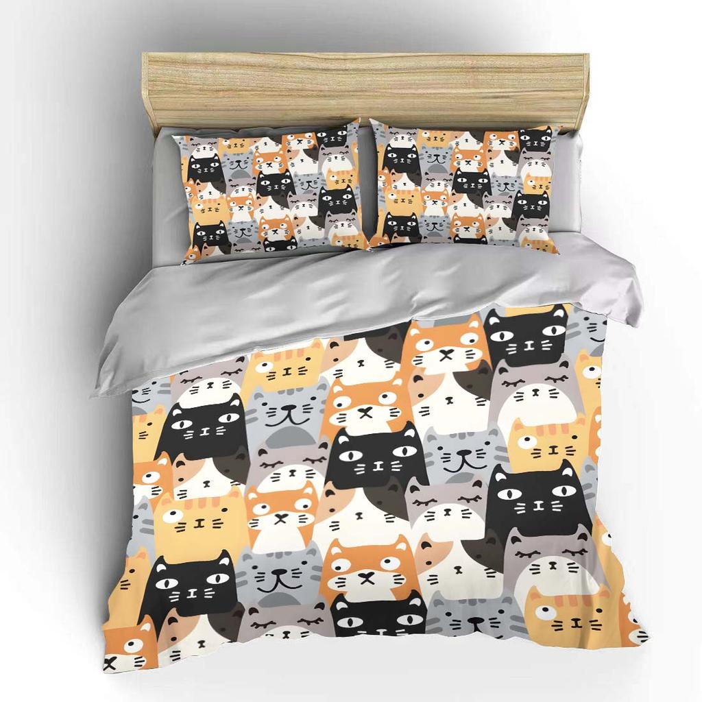 A Fun Background Pattern of Cartoon Cats Bedding Set 1 Duvet Cover 2 Pillowcases for Adult and Children Luxury Gift Full Size