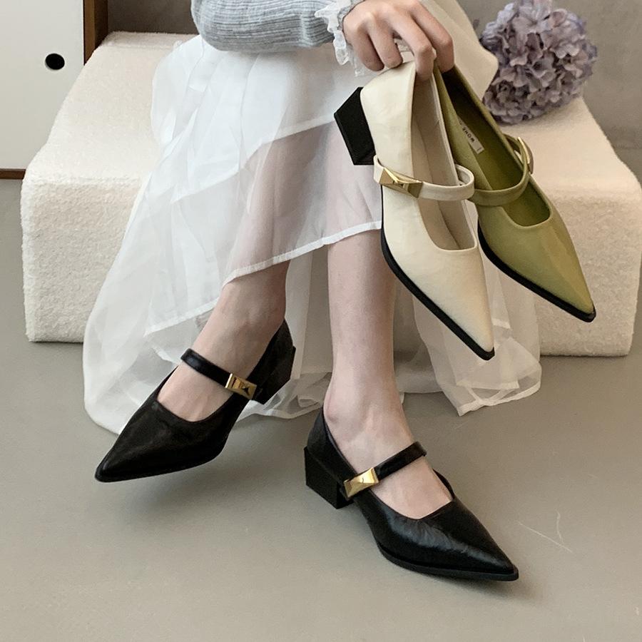 Black Pointed Thick Heel Single Shoes Women's 2025 Spring New French Temperament Late Evening Wind Retro Mary Jane Small Leather Shoes