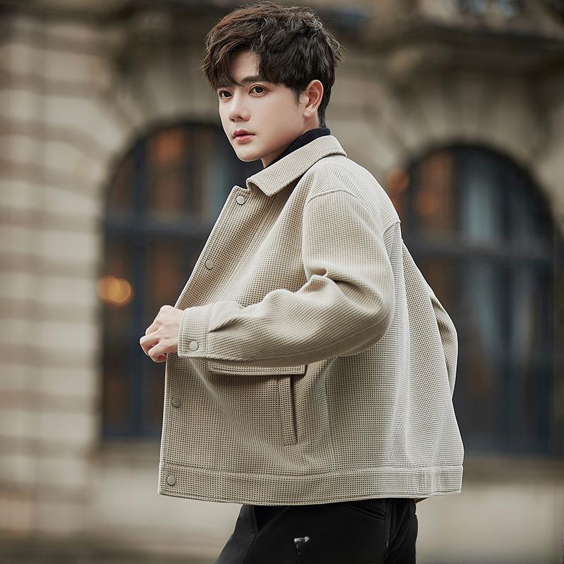 Waffel Freizeitjacke Herren Frühling und Herbst Premium Locker Kurz Revers Herren Oberteil