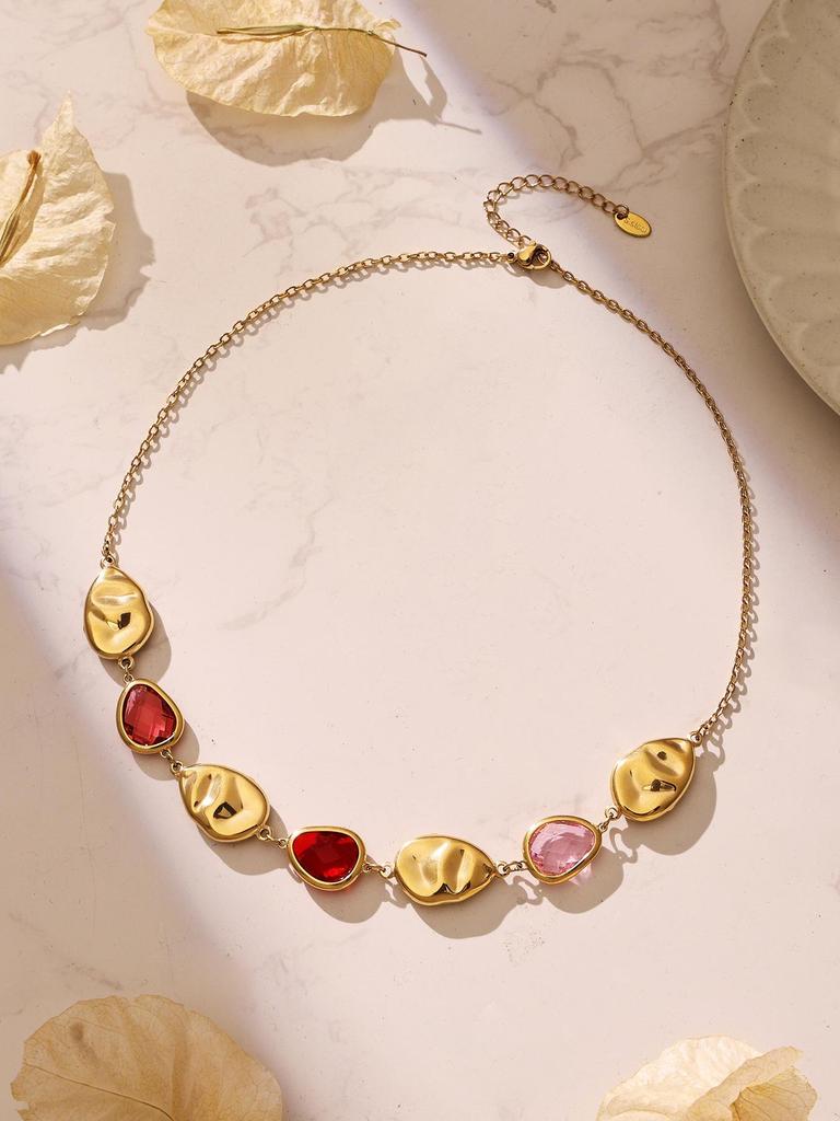 Elegant Multi-Faceted Glass Stone Clavicle Necklace - Transparent Water Drop Design, Light Luxury Style, Stainless Steel
