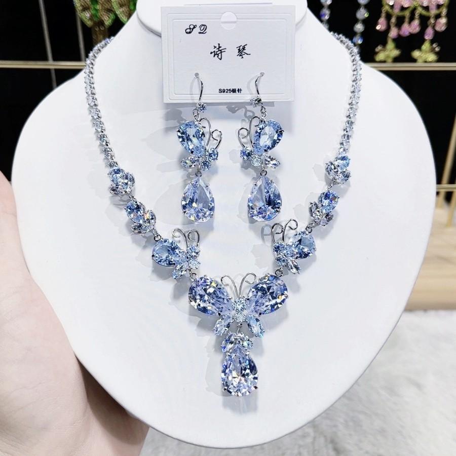 Luxury Butterfly Pendant Jewelry Set Earring Pink Necklace For Women Bridal Wedding Exquisite Fashion Zircon Party Banquet Gift
