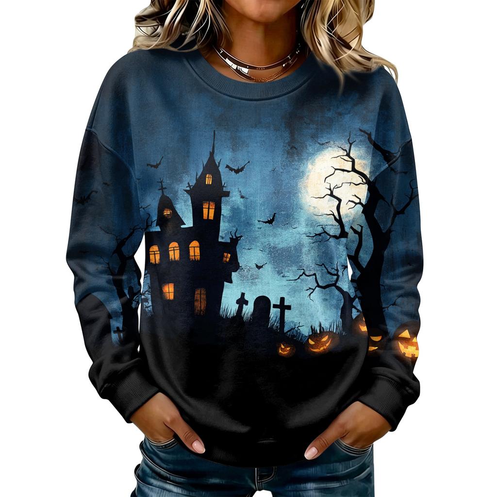 Women's Long Sleeve Halloween Print Neck Sweatshirt, Casual Relaxed Fit Pullover Top