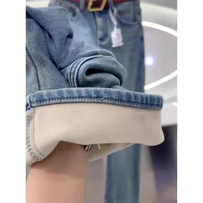 Plus Size High-Waisted Fleece-Lined Wide Leg Jeans for Women - Autumn/Winter 2024 Slimming Style