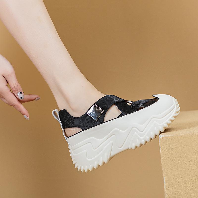 

24113 Новые летние повседневные дышащие полые туфли на толстой подошве с пряжкой, женские босоножки с каблуком 7 см 40 чёрный