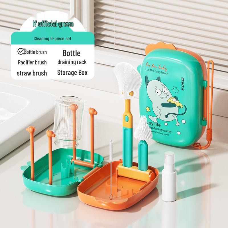 Portable Baby Bottle & Nipple Cleaning Brush Set with Drain Rack and Storage Box