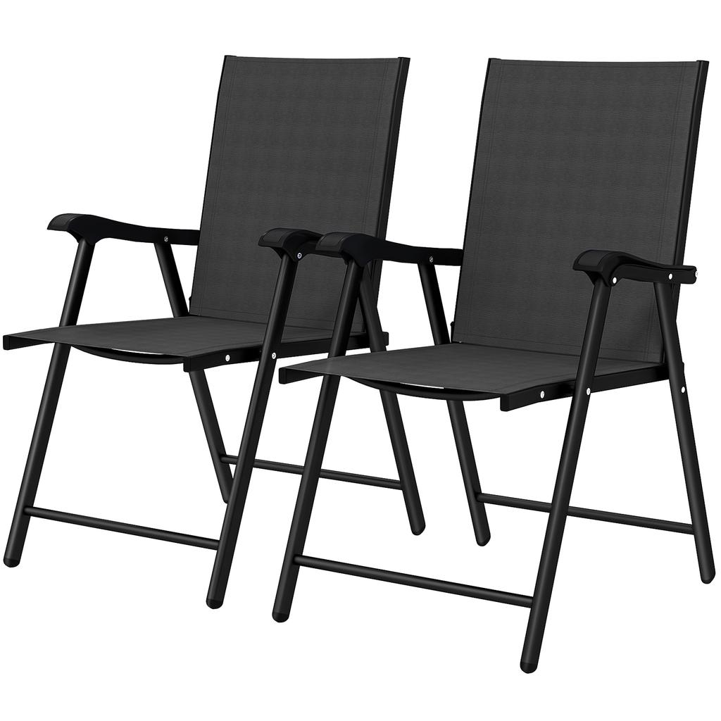 Folding Garden Chairs Set of 2, Foldable Garden Dining Chairs with High Back, Armrests, Texteline Seat, Black