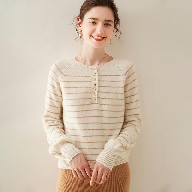 Women's Striped Cashmere Round Neck Button-Up Sweater - Long Sleeve Wool Knitwear for Autumn/Winter