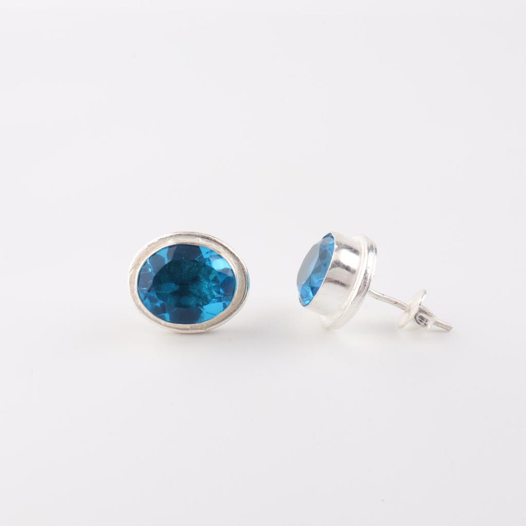 Swiss Blue Topaz Gemstone 925 Sterling Silver Jewelry Handmade Women Stud 0.5" EE-178-3