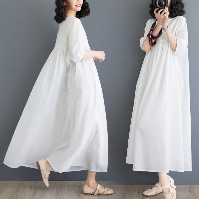 

Johnature Летнее платье Женское морское отпускное свободное платье Повседневное простое О-образное платье с коротким рукавом Свободное женское платье L белый