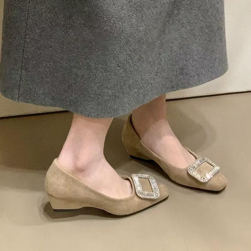 Square buckle rhinestone thick heel one pedal single shoes women's spring and autumn new commuter suede square head high heel women's shoes