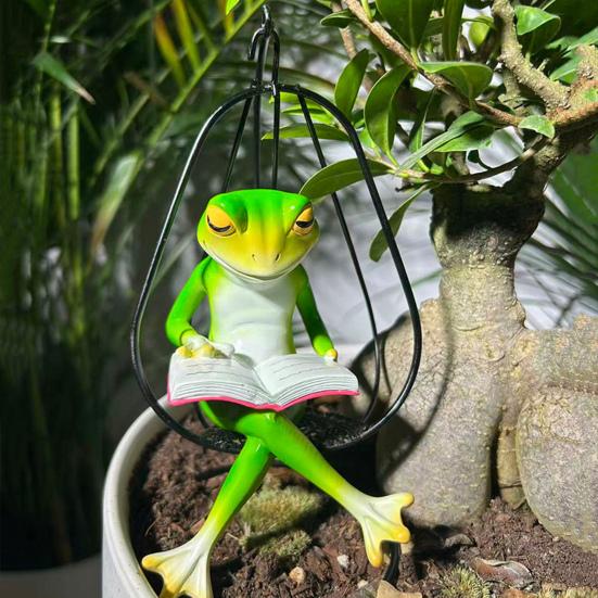 Hammock Chair Reading Frog Statue Cartoon Green Frog Figurine Resin Miniature Animal Sculpture Indoor