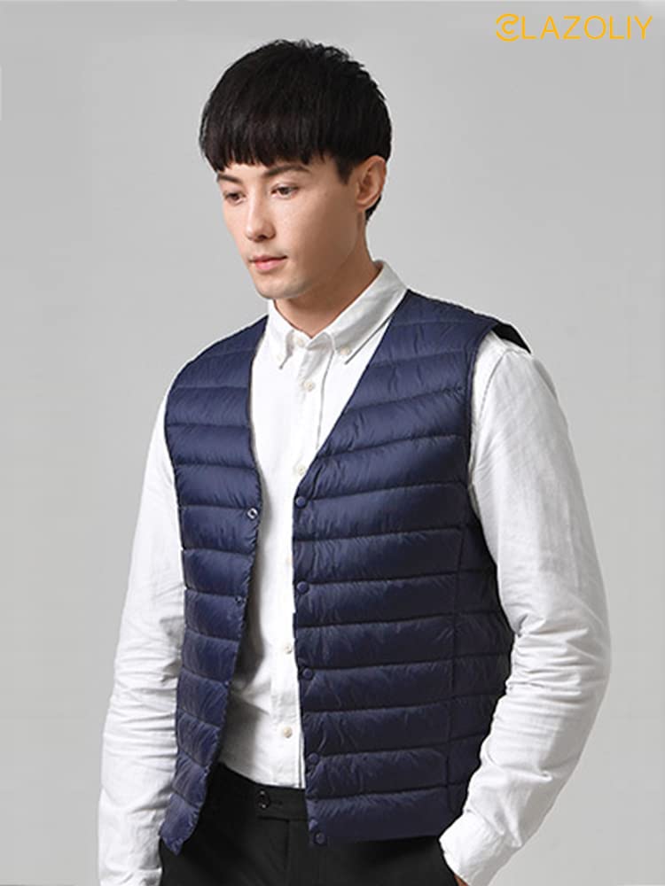 CLAZOLIY Pánská vesta bez límce s vnitřní péřovou výplní a CL111, ultralehká, hřejivá, lehká, skladná, (XL, námořnictvo)