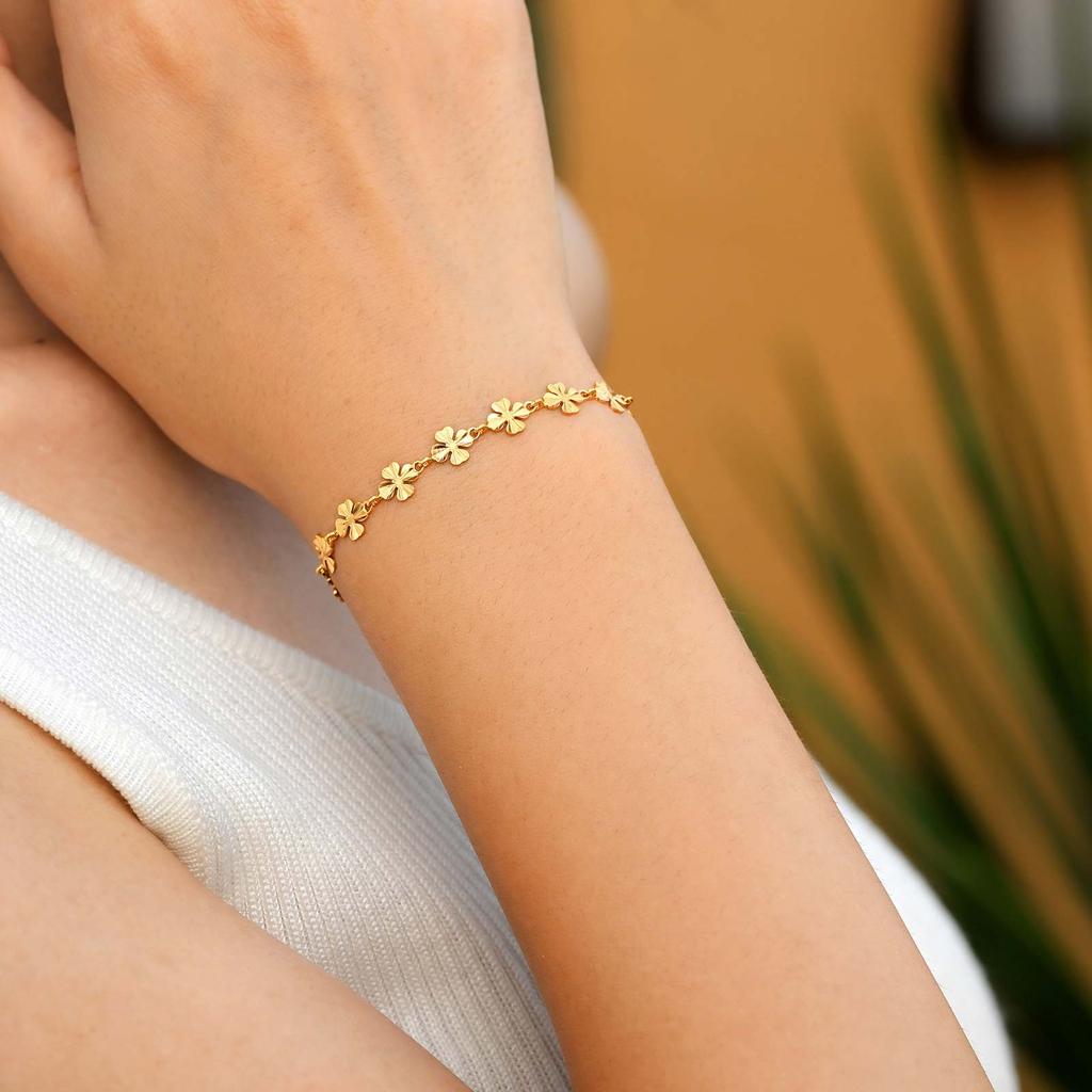 Elegant Four Leaf Clover Women's Hand Bracelets, Gold Plated Stainless Steel Flower Charm Bangle, Fashion Luxury Jewelry