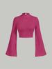 Women Textured Mock Neck Flare Long Sleeve Crop Top Elegant Preppy Style Y2K Rib Knit Slim T Shirt Blouse