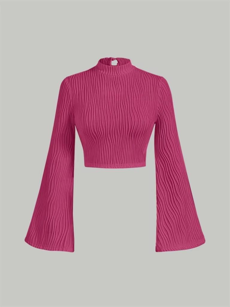 Women Textured Mock Neck Flare Long Sleeve Crop Top Elegant Preppy Style Y2K Rib Knit Slim T Shirt Blouse