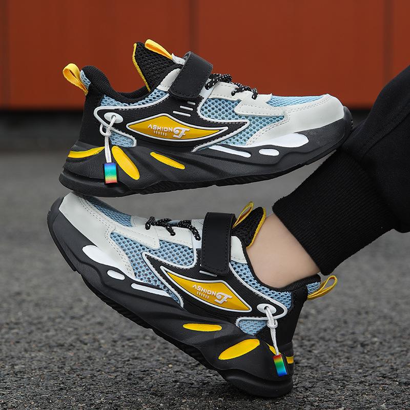 Athletische Schuhe für Jungen aus Mesh und Leder - Rutschfest, Abriebfest, Lässige Laufschuhe für Kinder, Frühjahrs- und Herbst-Schuljahreszeit.