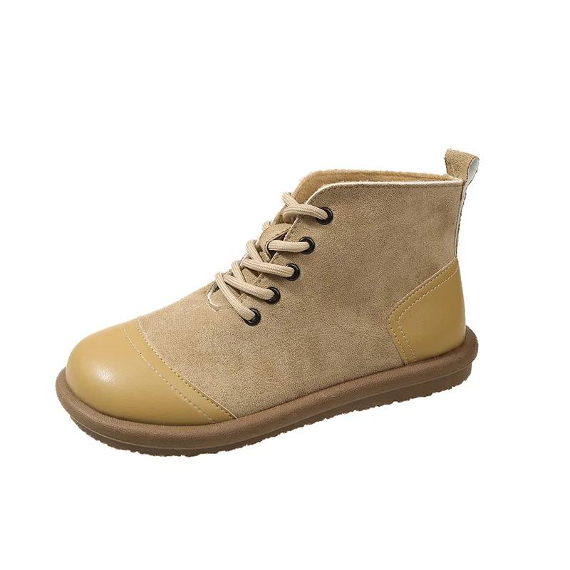 Damskie Botki Jesień/Zima Krótkie Botki Retro Miękka Podeszwa Okrągły Nosek Sznurowane Antypoślizgowe Płaska Podeszwa Zamszowe Patchworkowe Botki na Kostkę